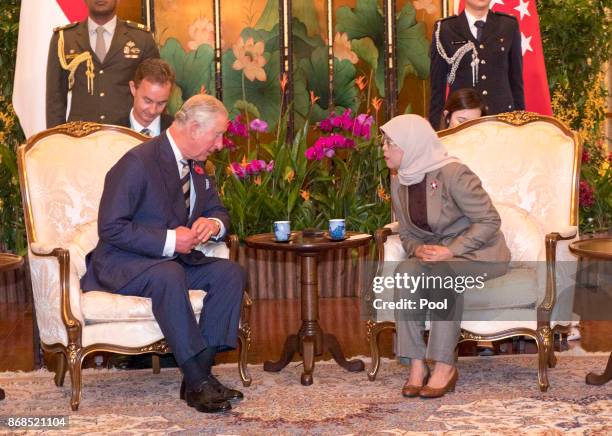 Prince Charles, Prince of Wales talks with Singapore President, Halimah Yacob during the British Royals official welcome and visit to Istana...