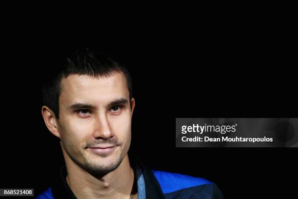 Evgeny Donskoy of Russia looks on prior to playing against Kyle Edmund of Great Britain during Day 2 of the Rolex Paris Masters held at the...