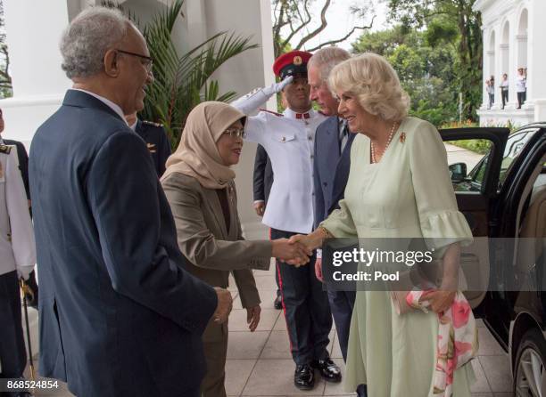 Prince Charles, Prince of Wales and Camilla, Duchess of Cornwall greet Singapore President, Halimah Yacob and her husband, Mohamed Abdullah Alhabshee...