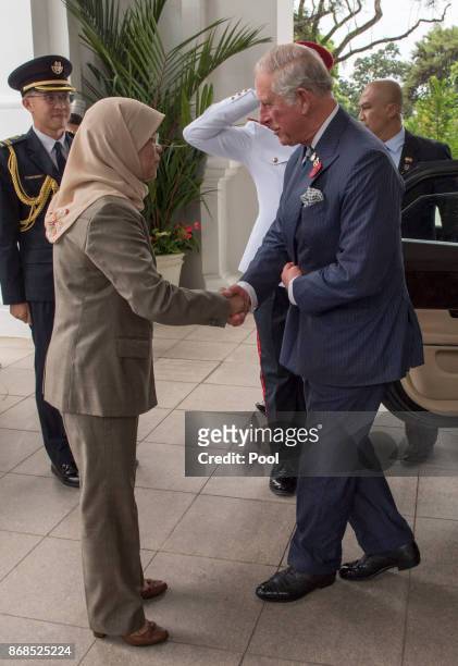 Prince Charles, Prince of Wales greets Singapore President, Halimah Yacob as he visits the Istana Presidential Palace on October 31, 2017 in...