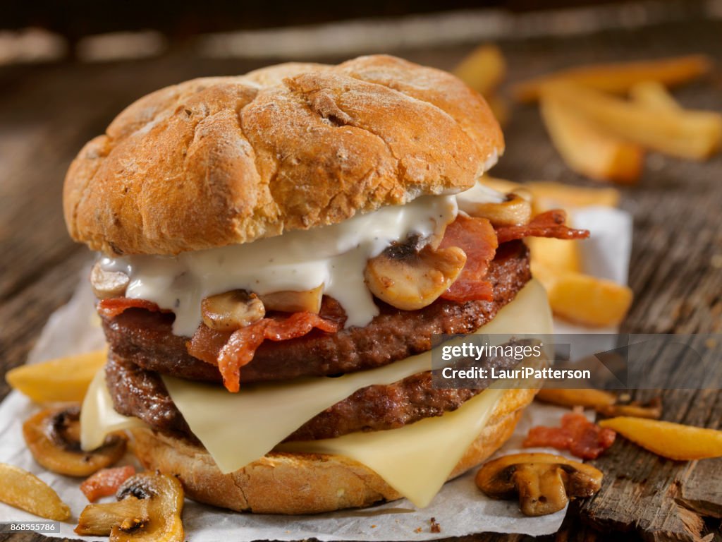 Mushroom, Bacon, Swiss Burger with Blue Cheese Dressing