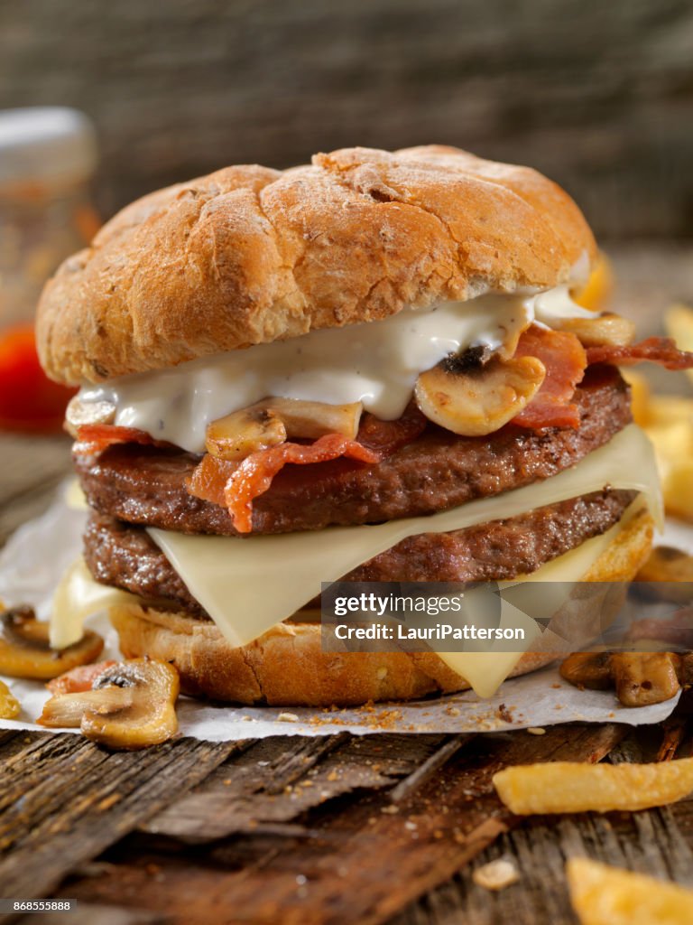 Mushroom, Bacon, Swiss Burger with Blue Cheese Dressing