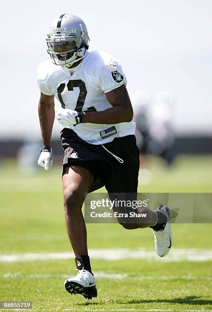 Darrius Heyward-Bey of the Oakland Raiders runs drills during the Raiders minicamp at the team's permanent training facility on May 8, 2009 in...