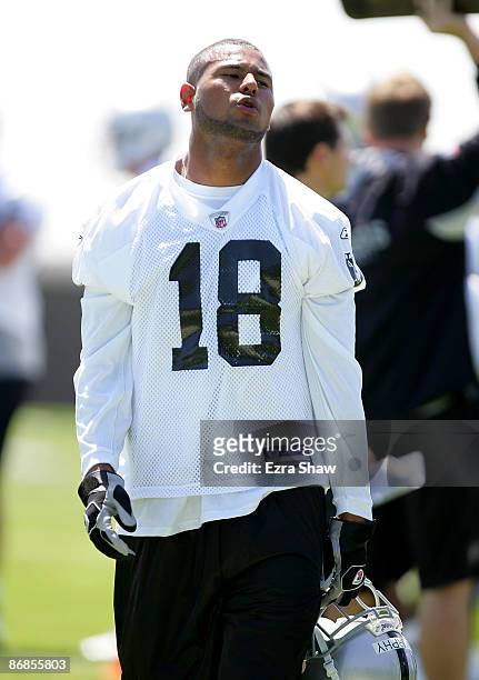 Louis Murphy of the Oakland Raiders takes a break during the Raiders minicamp at the team's permanent training facility on May 8, 2009 in Alameda,...