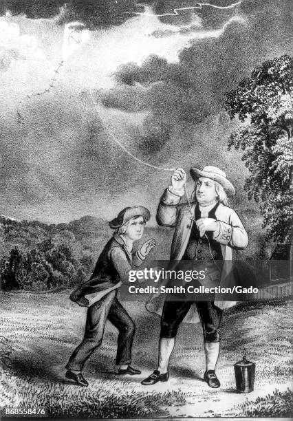 Benjamin Franklin flying a kite in thunderstorm as an experiment in electricity and lightning, United States, 1752. Courtesy US Department of Energy.