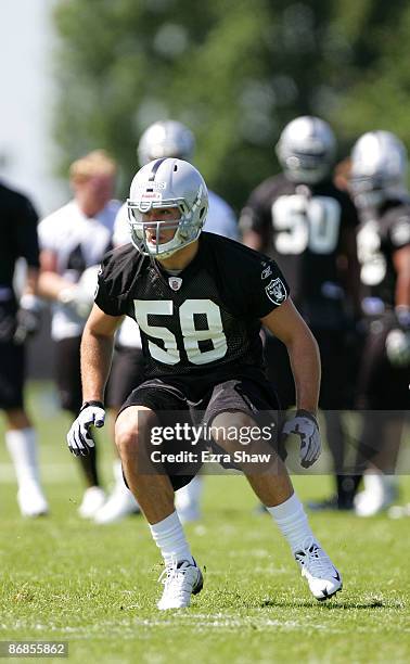 Slade Norris of the Oakland Raiders runs drills during the Raiders minicamp at the team's permanent training facility on May 8, 2009 in Alameda,...