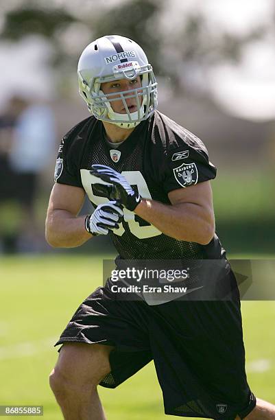 Slade Norris of the Oakland Raiders runs drills during the Raiders minicamp at the team's permanent training facility on May 8, 2009 in Alameda,...