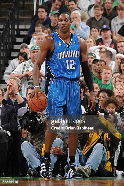 Dwight Howard of the Orlando Magic stands on the court in Game One of the Eastern Conference Semifinals against the Boston Celtics during the 2009...