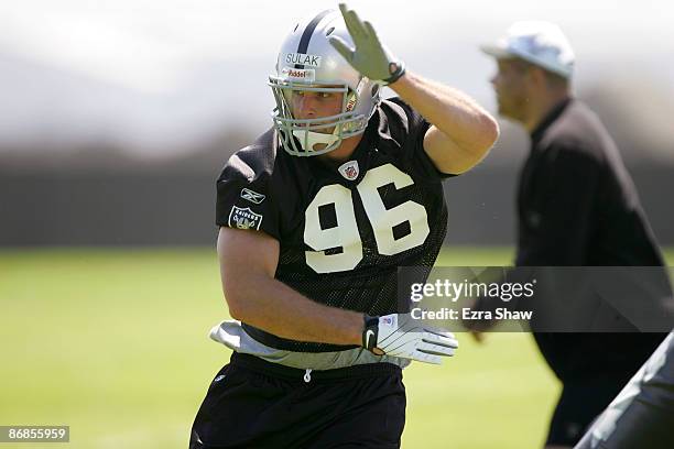 Stryker Sulak of the Oakland Raiders runs drills during the Raiders minicamp at the team's permanent training facility on May 8, 2009 in Alameda,...