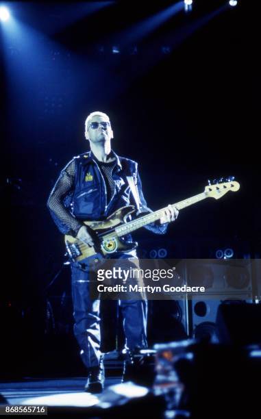 Adam Clayton of U2 performs on stage on the Zoo TV Tour, Estadio Jose Alvalade, Lisbon, Portugal, 15 May 1993.