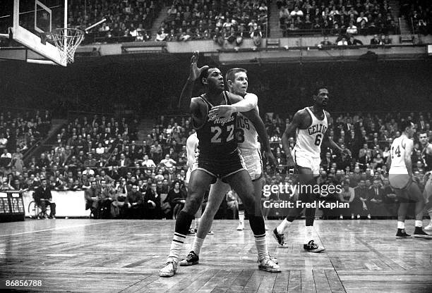 Los Angeles Lakers Elgin Baylor in action, posting up vs Boston Celtics Frank Ramsey . Boston, MA 2/13/1963 CREDIT: Fred Kaplan