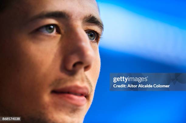 Clement Lenglet of Sevilla FC attends the press conference prior to their UEFA Champions League match between Sevilla FC and Spartak Moskva at...