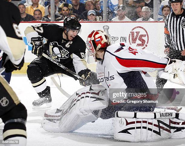 Sidney Crosby of the Pittsburgh Penguins scores on Simeon Varlamov of the Washington Capitals during Game Four of the Eastern Conference Semifinals...