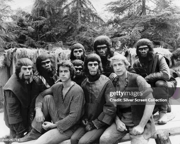 Portrait of cast members from the television show 'Planet of the Apes,' 1974. Among those pictured are fore, from left, James Naughton , Roddy...
