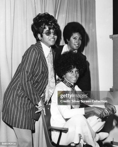 Group portrait of American Pop and Rhythm & Blues group the Supremes during a press conference in promotion of their their 'Love Child' album,...