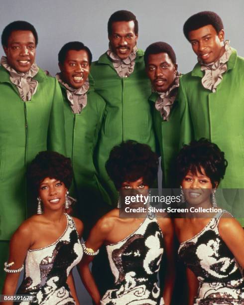 Group portrait of members of groups, the Temptations and the Supremes , early 1968. Pictured are, back from left, Paul Williams , Melvin Franklin ,...