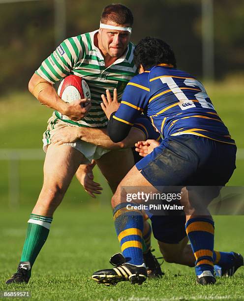 Andrew Atkinson of North Shore comes up against Aifai Tuiloma of Takapuna during the Club Rugby match between Takapuna and North Shore held at Onewa...