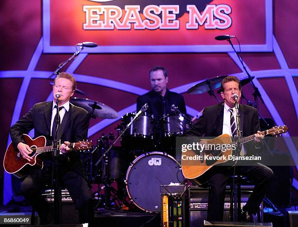 Musician Don Henley and Glenn Frey of The Eagles perform onstage during the 16th Annual Race to Erase MS event themed "Rock To Erase MS" co-chaired...