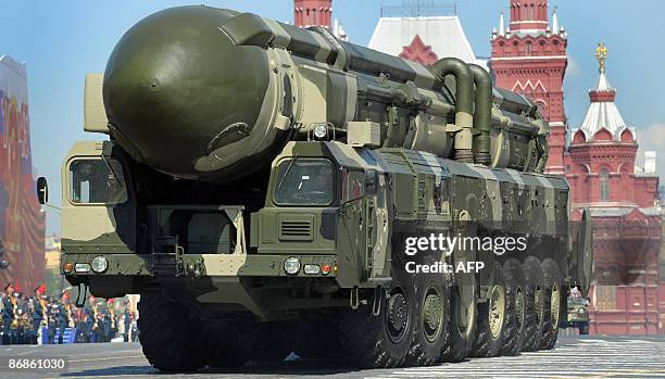 Russian Topol-M intercontinental ballistic missile drives through Red Square during the nation's Victory Day parade in Moscow on May 9, 2009 in...