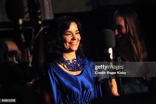 Singer Bjork and The Dirty Projectors perform onstage at Housing Works Bookstore Cafe's "Live from Home" benefit concert series at Housing Works...