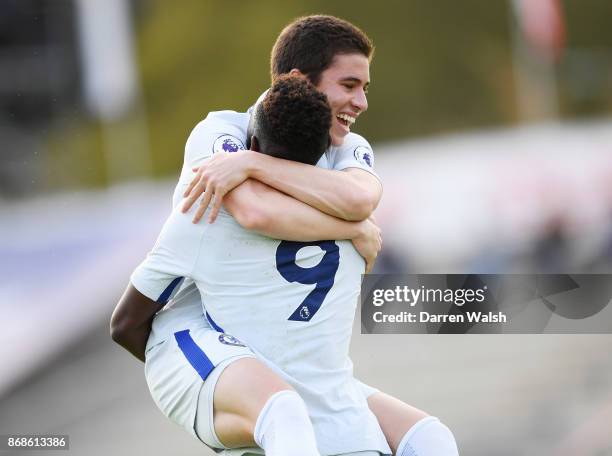 Martell Taylor-Crossdale of Chelsea celebrates his goal with Harvey St Clair during the UEFA Youth League match between AS Roma and Chelsea FC at...