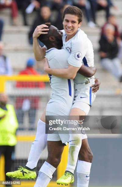 Martell Taylor-Crossdale of Chelsea celebrates his goal with Harvey St Clair during the UEFA Youth League match between AS Roma and Chelsea FC at...