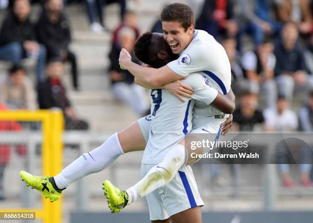 Martell Taylor-Crossdale of Chelsea celebrates his goal with Harvey St Clair during the UEFA Youth League match between AS Roma and Chelsea FC at...