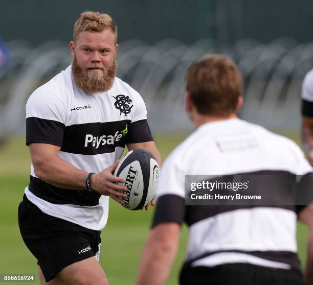 Akker van der Merwe of Barbarians during a training session at Latymer Upper School playing fields on October 31, 2017 in London, England.