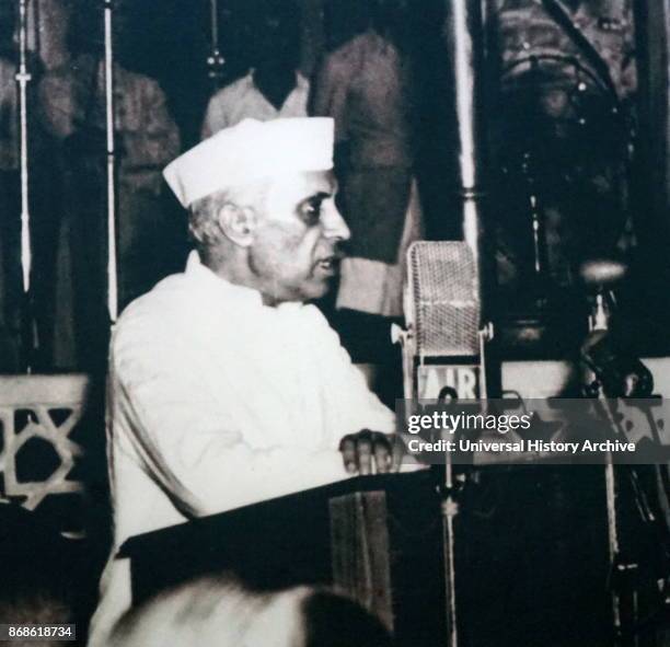 Indian Prime Minister Jawaharlal Nehru addresses parliament after Independence and partition 1947.