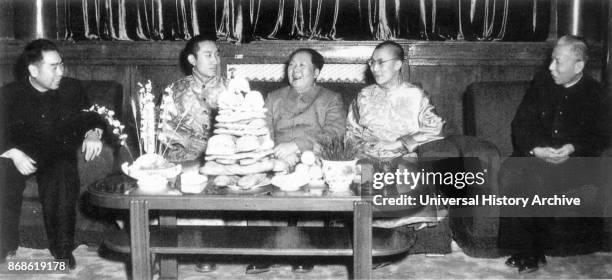 Mao and Zhou Enlai meeting with Dalai Lama to celebrate Tibetan New Year, Beijing, 1955. Mao Zedong , Liu Shao qi , Zhou Enlai Dalai Lama Panchen...