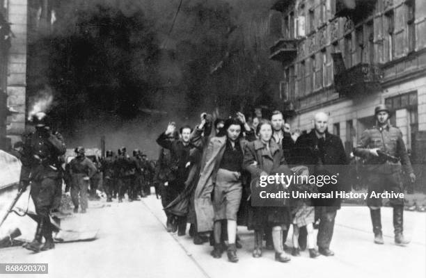 Jewish civilians captured during the German Army destruction of the Warsaw Ghetto, Poland, 1943.