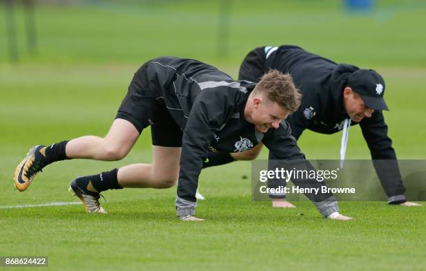 Mitchell Drummond and Andrew Ellis of Barbarians during a training session at Latymer Upper School playing fields on October 31, 2017 in London,...