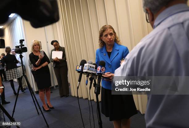 Rep. Debbie Wasserman Schultz speaks to reporters about Special Counsel Robert Mueller and the events that unfolded in Washington, DC after a press...
