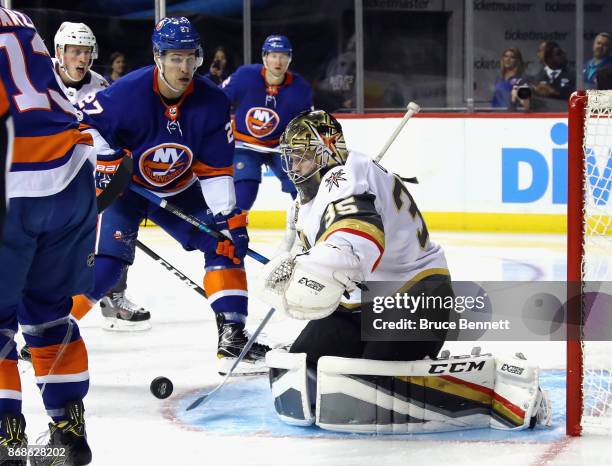 Oscar Dansk of the Vegas Golden Knights skates against the New York Islanders at the Barclays Center on October 30, 2017 in the Brooklyn borough of...