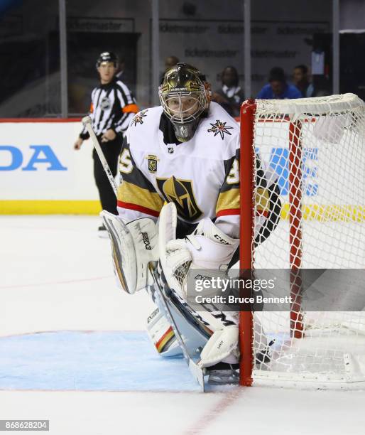 Oscar Dansk of the Vegas Golden Knights skates against the New York Islanders at the Barclays Center on October 30, 2017 in the Brooklyn borough of...