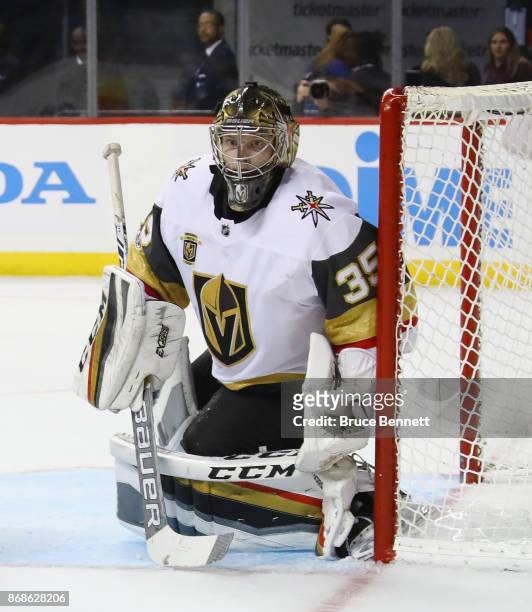 Oscar Dansk of the Vegas Golden Knights skates against the New York Islanders at the Barclays Center on October 30, 2017 in the Brooklyn borough of...