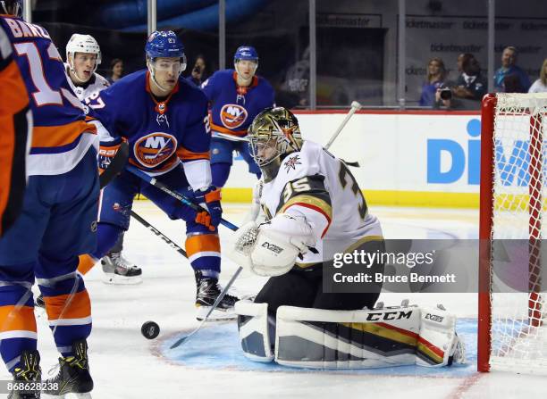 Oscar Dansk of the Vegas Golden Knights skates against the New York Islanders at the Barclays Center on October 30, 2017 in the Brooklyn borough of...