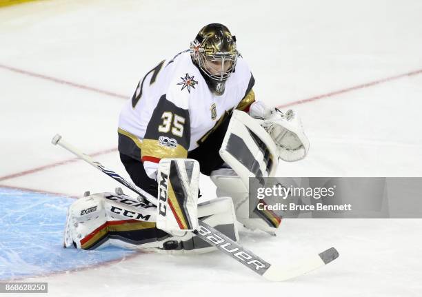 Oscar Dansk of the Vegas Golden Knights skates against the New York Islanders at the Barclays Center on October 30, 2017 in the Brooklyn borough of...