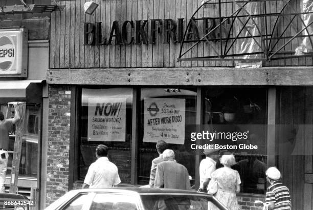 The exterior of the Blackfriars lounge at 105 Summer St. In Boston, where the bodies of five men were found in the basement office, is pictured on...