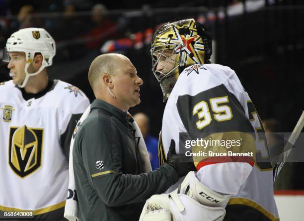 Oscar Dansk of the Vegas Golden Knights is injured during the game against the New York Islanders at the Barclays Center on October 30, 2017 in the...