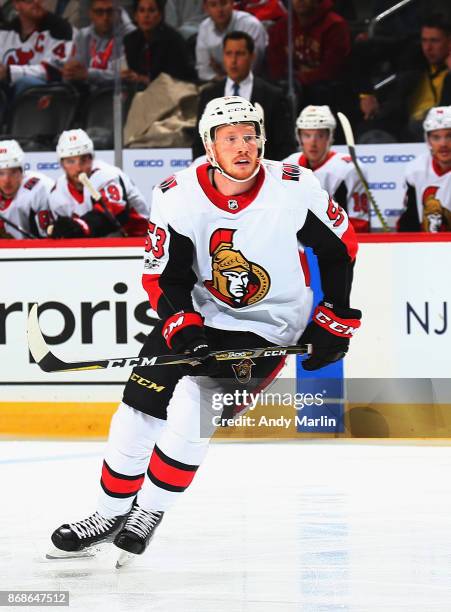 Jack Rodewald of the Ottawa Senators playing in his first NHL game skates in the first-period during the game against the New Jersey Devils at...