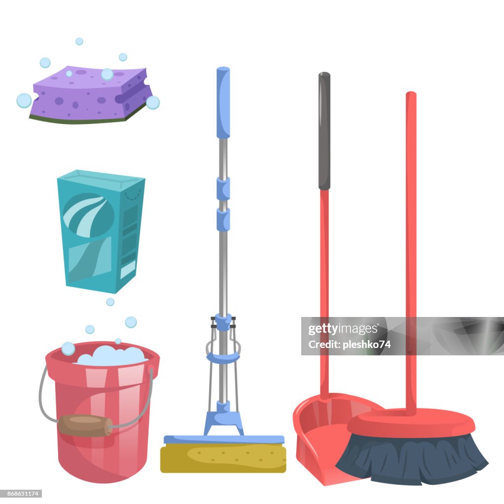 Cartoon Trendy Cleaning Service Icons Set Red Plastic Broom Brush Dustpan  Modern Plastic Mop Red Bucket With Clean Liquid Detergent Paper Box And  Sponge High-Res Vector Graphic - Getty Images