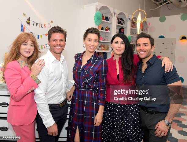 Au Fudge Partners Kimberly Muller, Jon Rollo, Jessica Biel, Estee Stanley and Joey Gonzalez attend the Halloween launch party for Au Fudge CAMP in...