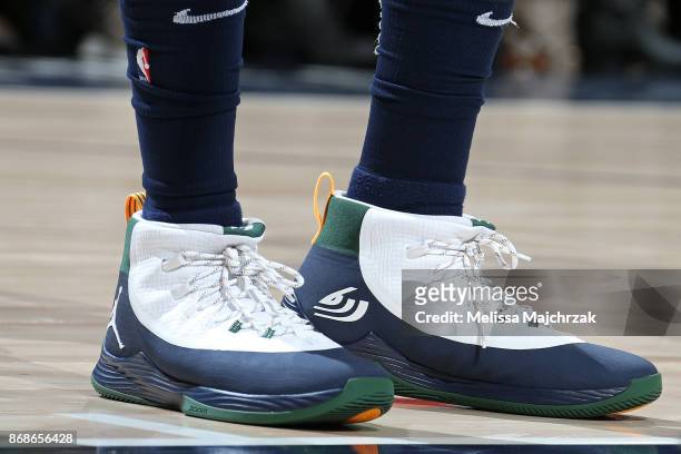 The sneakers of Joe Johnson of the Utah Jazz during the game against the Dallas Mavericks on October 30, 2017 at Vivint Smart Home Arena in Salt Lake...