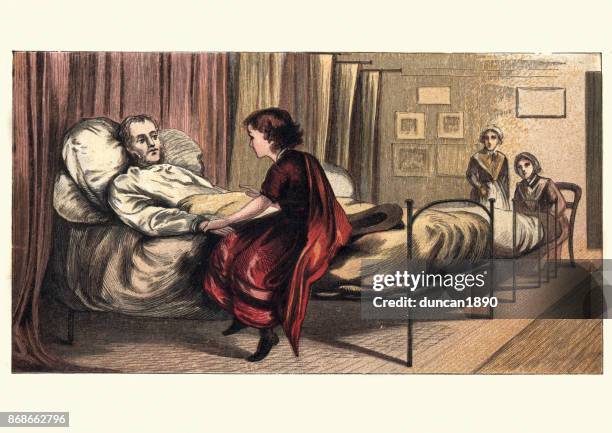 victorian girl visiting her father in hospital, 19th century - hospital visit stock illustrations