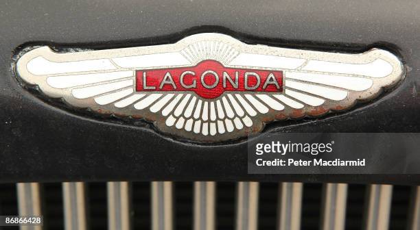 Lagonda badge adorns an Aston Martin car at the Aston Martin Works Service factory during an auction held by Bonham's on May 9, 2009 in Newport...