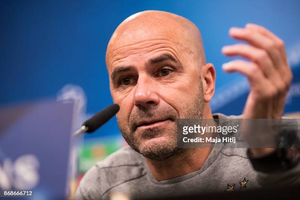 Head coach Peter Bosz of Borussia Dortmund speaks during the Press Conference prior the UEFA Champions League group H match between Borussia Dortmund...