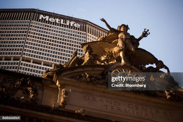 The Statue of Mercury stands in front of the MetLife Building in New York, U.S., on Tuesday, Oct. 31, 2017. MetLife Inc. Is scheduled to release...