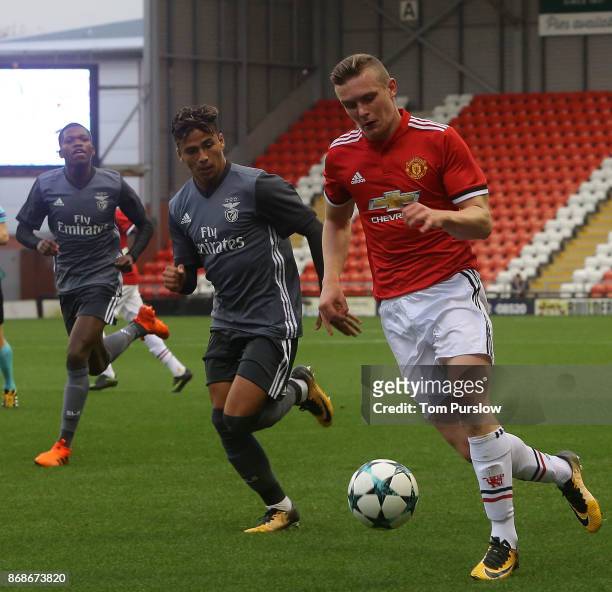 Ethan Hamilton of Manchester United in action during the UEFA Youth League match between Manchester United and SL Benfica at Leigh Sports Village on...