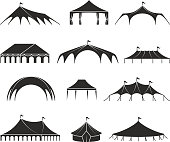 Outdoor shelter tent, event pavilion tents vector icons